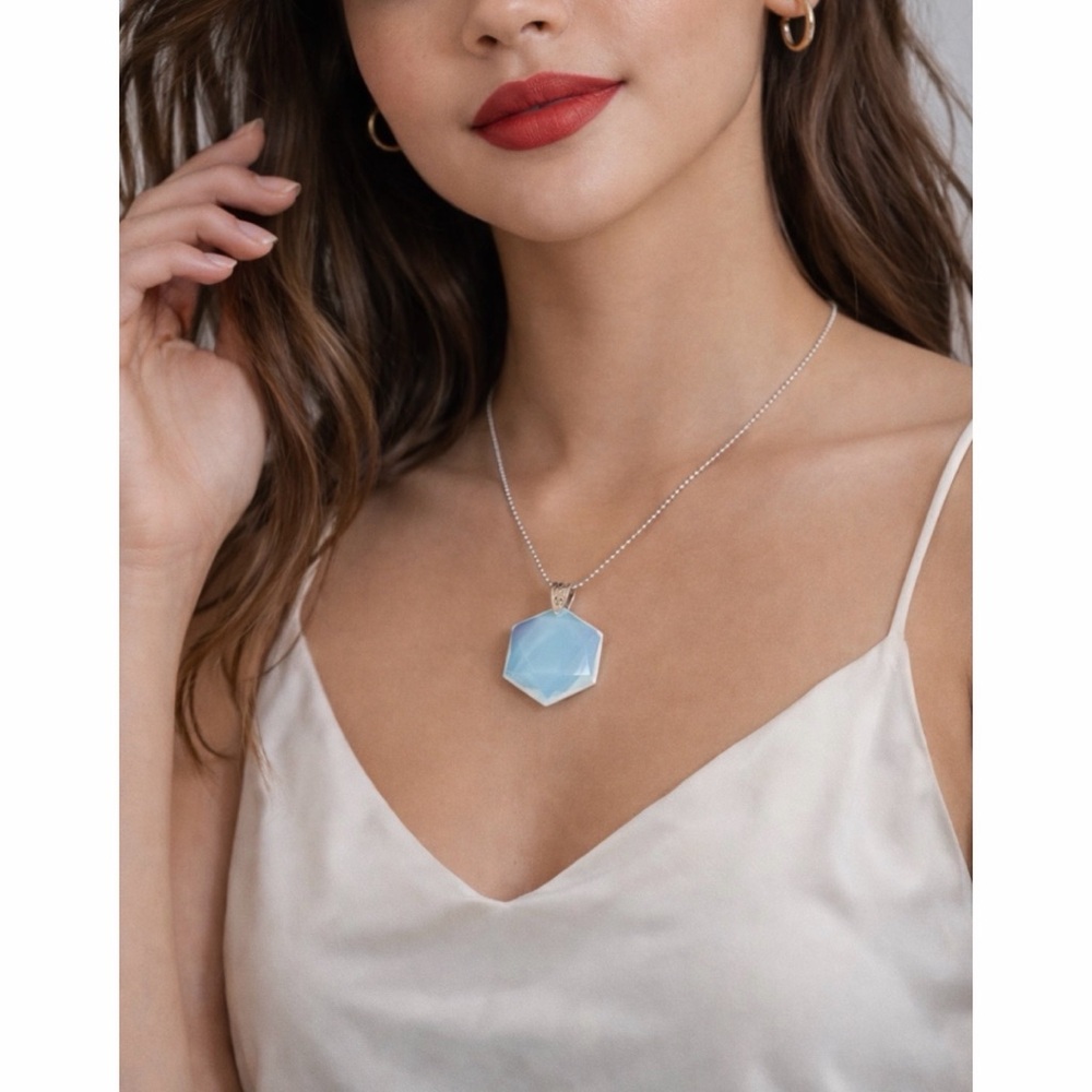 Hexagonal Milky Opalite Pendant Necklace